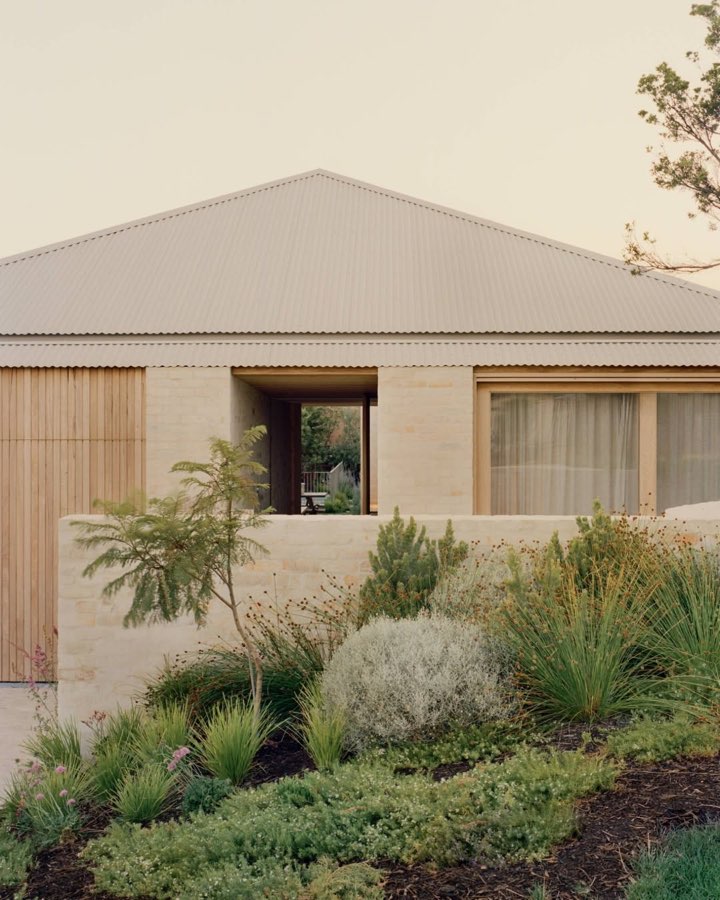 A single-storey house in pale brick and timber standing behind a bed of native planting.