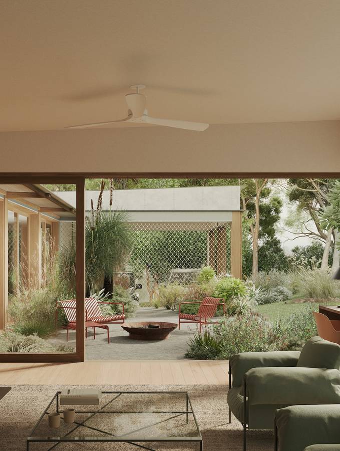 A render of a living room opening to a planted courtyard with a fire pit and red steel chairs.