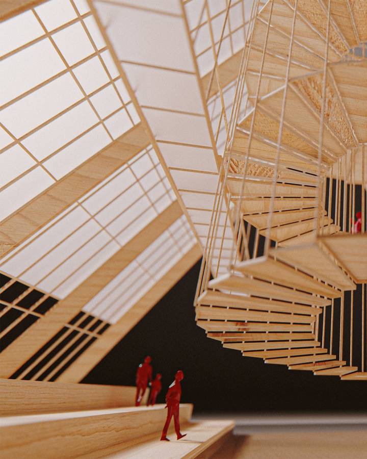 A timber architectural model of a pavilion seen from below, with small red figures for scale.