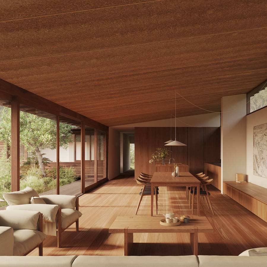 A render of a timber lined living and dining space under a textured ceiling, open to a garden.