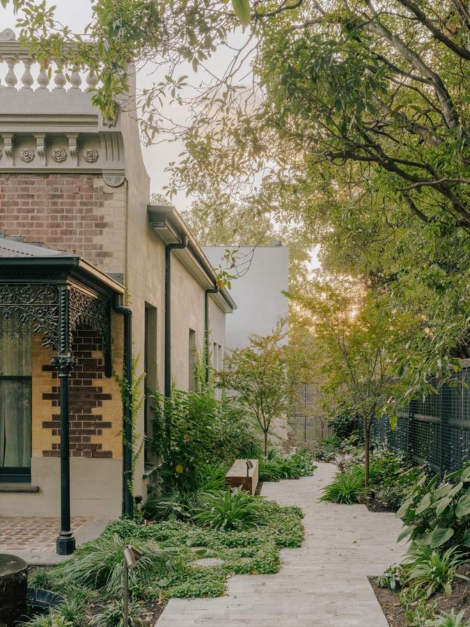 A paved path with dense planting running alongside a Victorian house with a cast iron verandah.