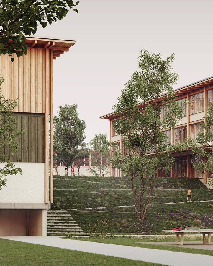 A render of timber school buildings above a terraced planted slope, with a paved path across a lawn.