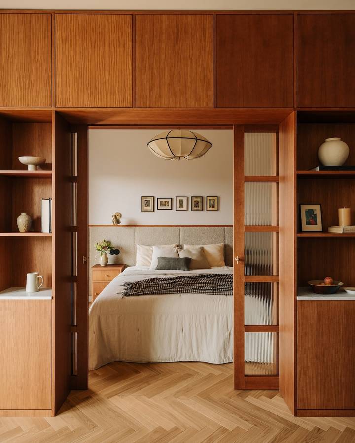 A bedroom seen through a timber joinery wall of open shelves and glazed doors, on a herringbone parquet floor.