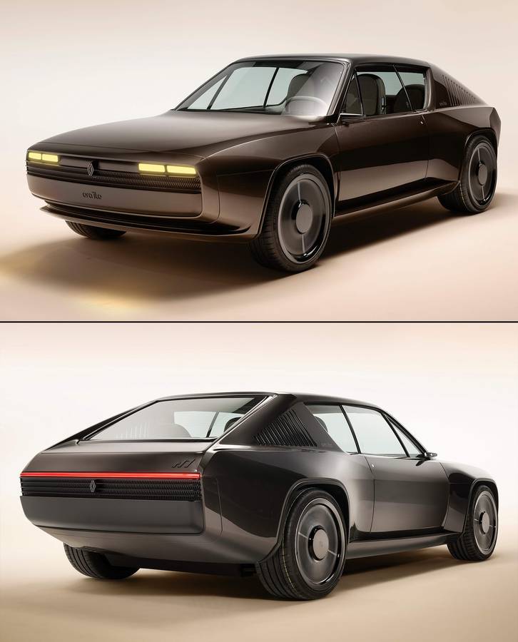 Two studio views of a dark brown Renault 17 electric show car, one above the other.