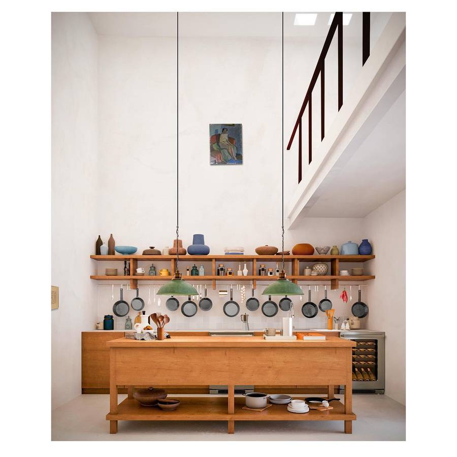 A render of a kitchen with a long timber island, a wall of open shelves holding pots and ceramics, and a mezzanine above.
