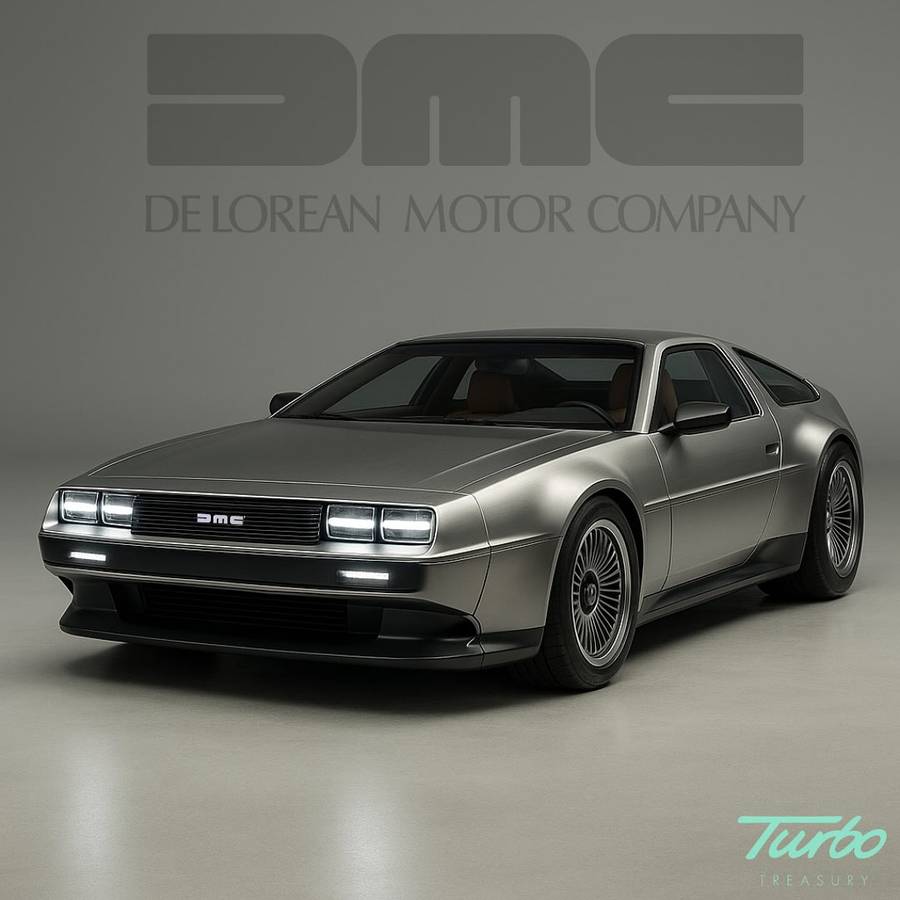 A computer generated image of a silver DeLorean coupe in a grey studio, in front of a large DeLorean Motor Company wall logo.