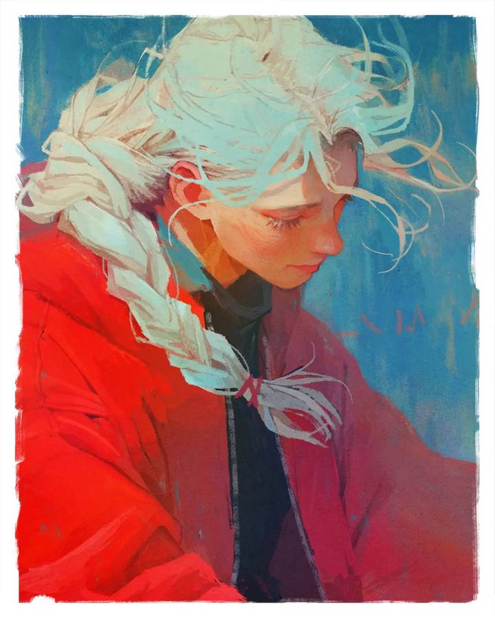 A painted portrait of a figure with white braided hair in a red coat, against a blue ground.