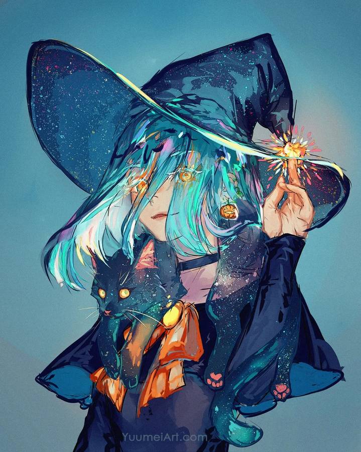 A digital illustration of a figure in a starry wide brimmed hat holding a black cat, striking a spark above one hand.