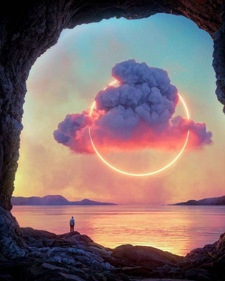A digital artwork of a cave mouth opening to a sunset sea, with a glowing ring around a cloud and a small figure on the rocks.