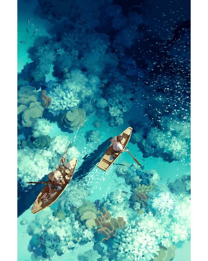 An illustration looking down on two narrow boats crossing clear turquoise water above coral.