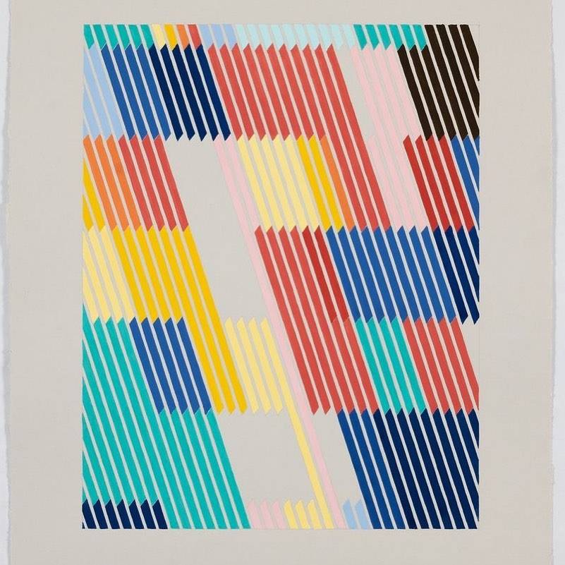 A painting of overlapping bands of fine diagonal stripes in red, blue, yellow and teal on a grey ground.