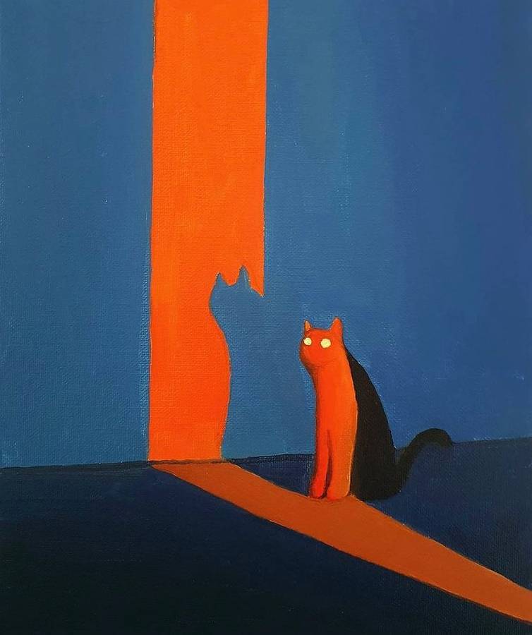 A painting of a cat sitting on a dark floor in a shaft of light falling down a blue wall, orange on its lit side and black in shadow.