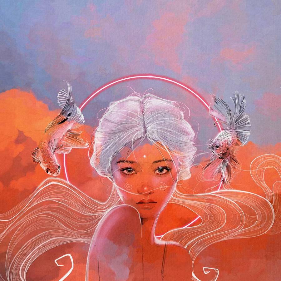 A digital illustration of a face with pale hair between two betta fish, inside a glowing pink ring.