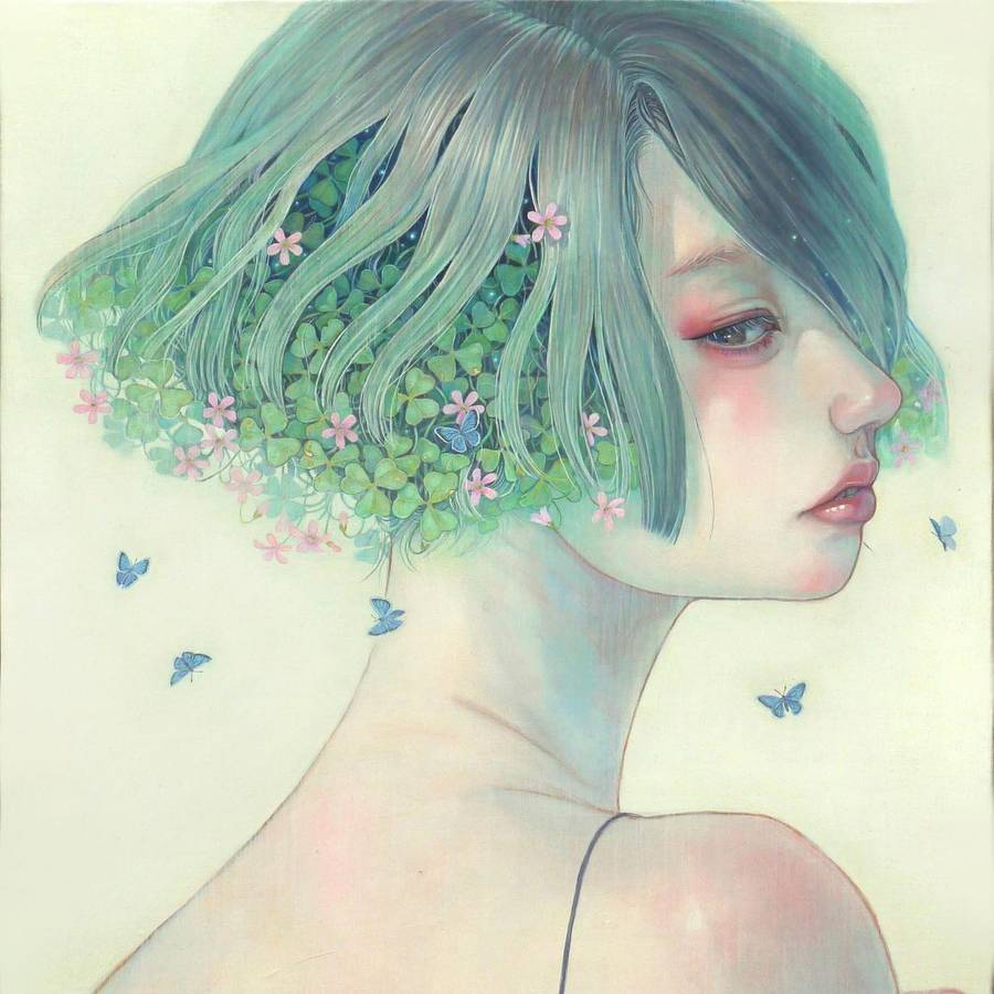 An oil painting of a figure in profile, her pale green hair filled with oxalis leaves and small pink flowers, with blue butterflies around her.