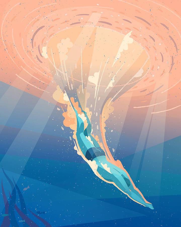 A flat vector illustration of a swimmer diving into deep blue water beneath a peach sky.