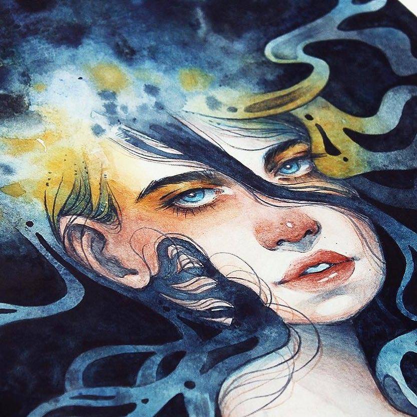 A watercolour portrait in blue and yellow washes, the figure's dark hair dissolving into the background.