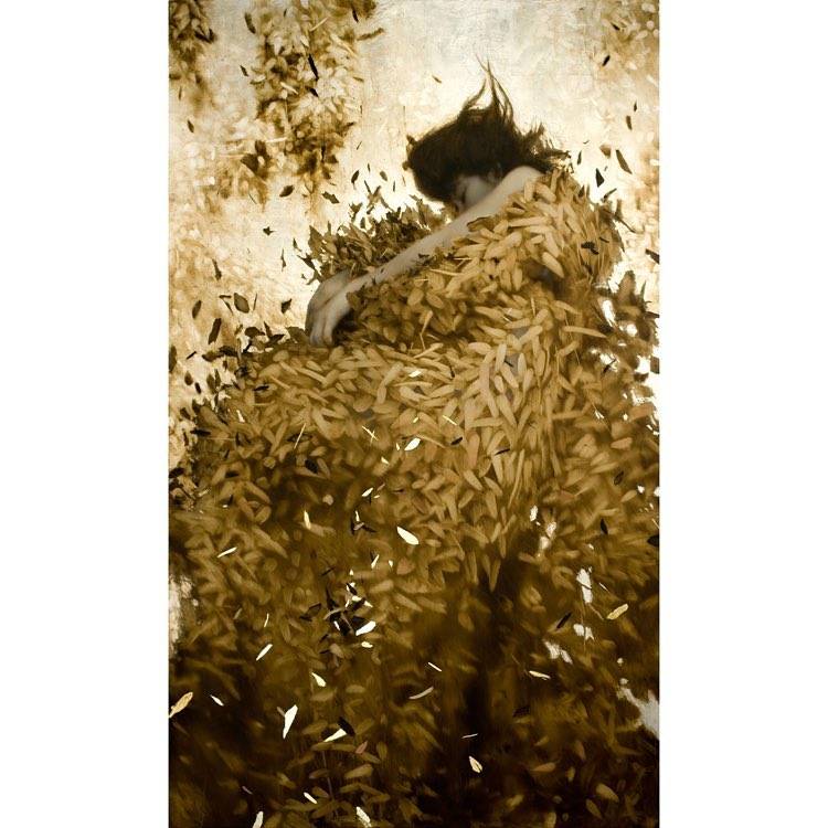 A painting in oil, gold and silver leaf of a figure lying face down amid a drift of golden leaves.