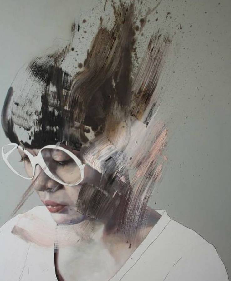 A painting of a face in white glasses, the hair worked in smeared brown and black paint.
