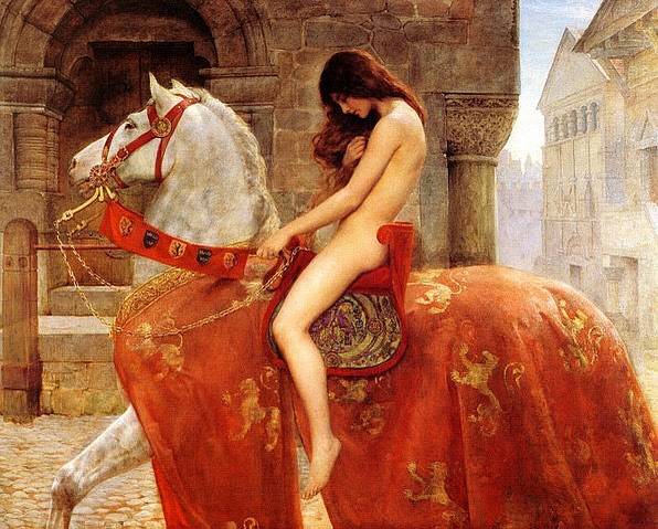 A painting of Lady Godiva riding a white horse in red trappings through a stone street.