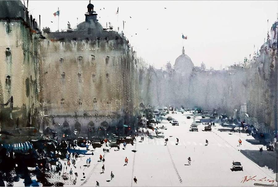 A watercolour of a wide city square with grand stone buildings and small figures crossing it.