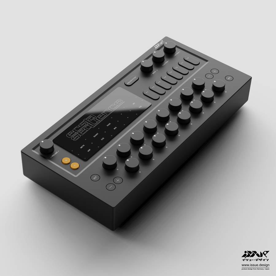 A black sampler with rows of round knobs and a screen reading ecstasequence, on a plain grey ground.