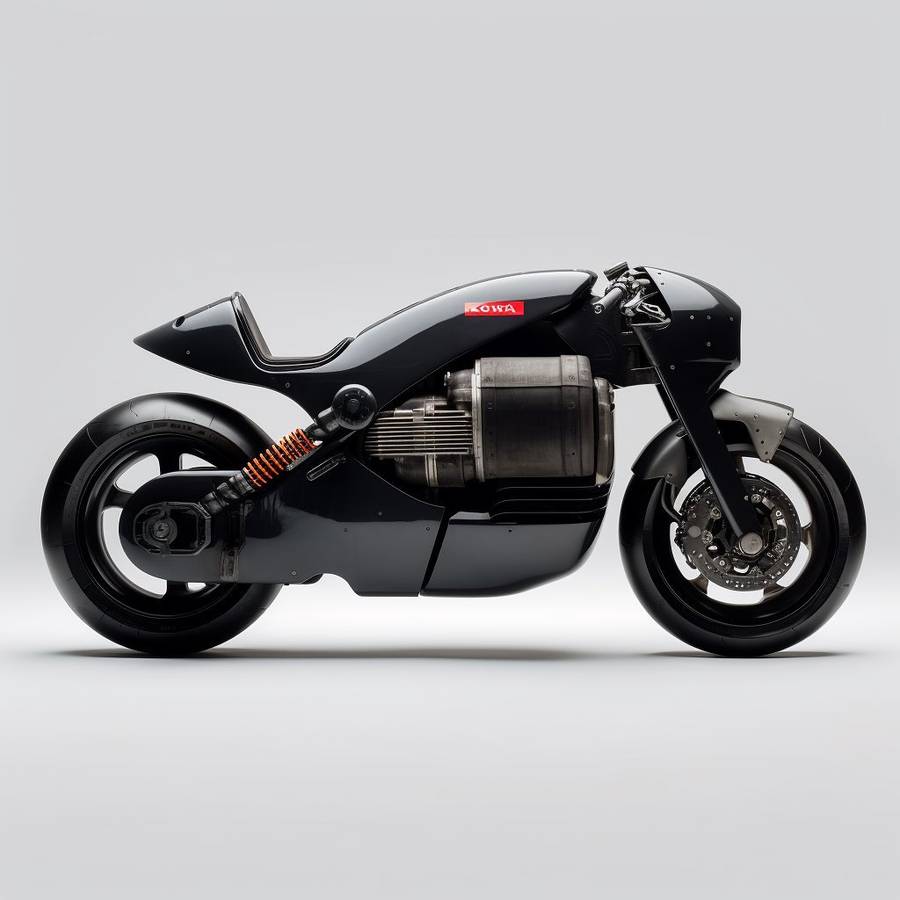 A black motorcycle in side view on a plain pale grey ground, with an exposed cylindrical motor and a red badge on the body.