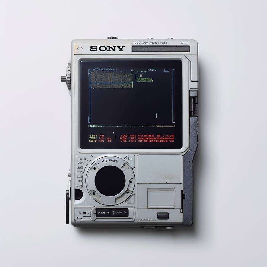 A grey handheld electronic device with a dark screen showing coloured text, a round port below it and a Sony wordmark on the top edge, on a plain pale grey ground.