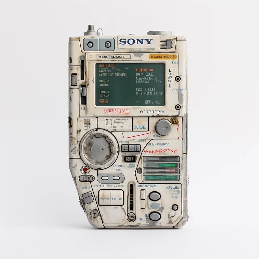 An off white handheld electronic device with a green screen, a round dial, rows of small buttons and a Sony wordmark on the top edge, on a plain pale grey ground.