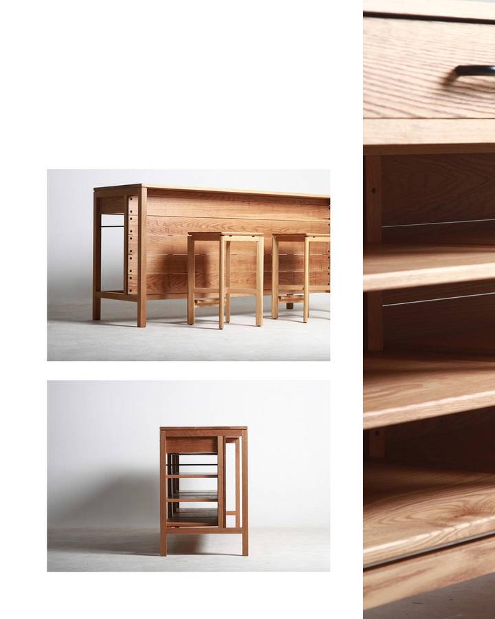 Three studio views of a timber island table, with bar stools along one side and open shelves on the other.