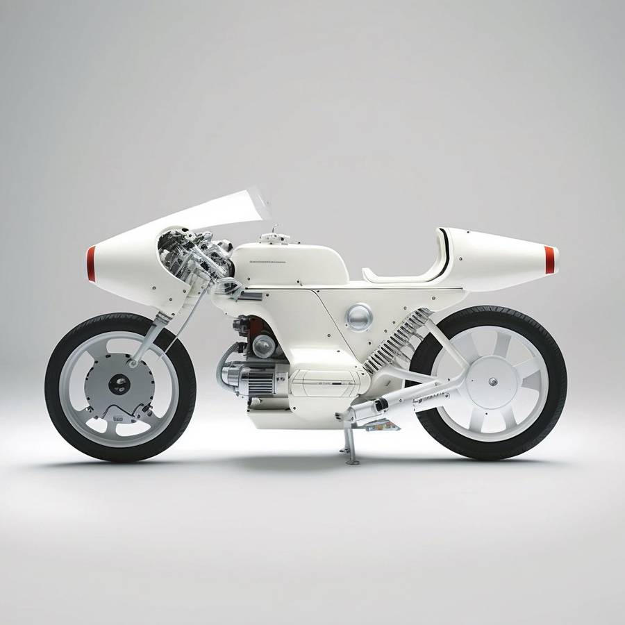 A white motorcycle in side view on a plain pale grey ground, with a fairing, a single seat and red bands on the nose and tail.