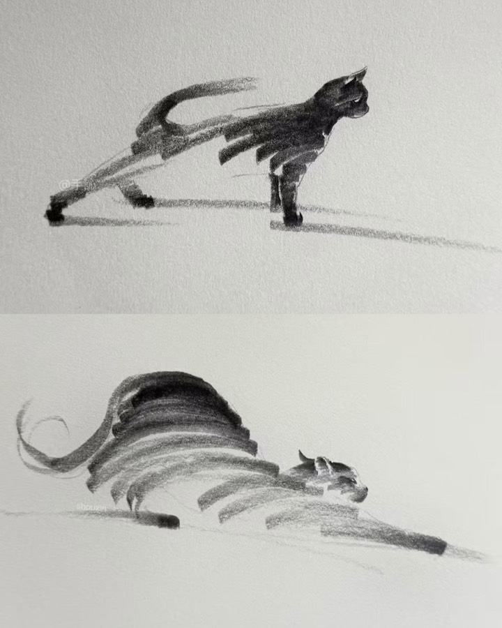 Two pencil drawings of a cat, one stretching and one lying down.