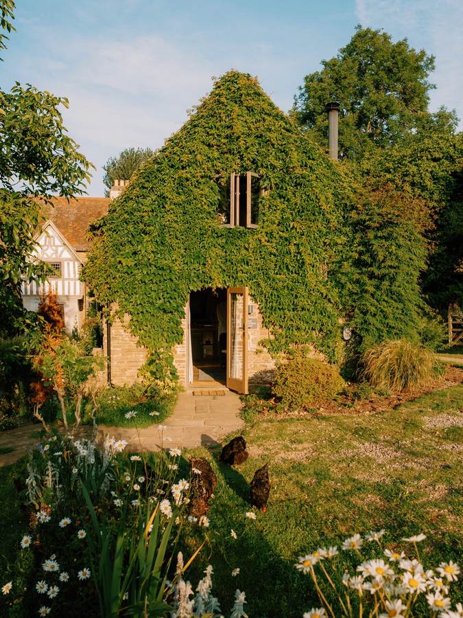 A stone barn covered in climbing creeper with an open glazed door, a stone path through daisies and long grass, chickens on the lawn and a timber framed house behind.