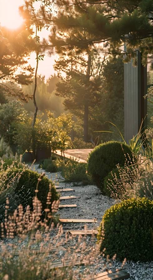 A gravel path with timber steppers running between clipped mounds and grasses towards a timber deck and a building, with pines and low sun behind.