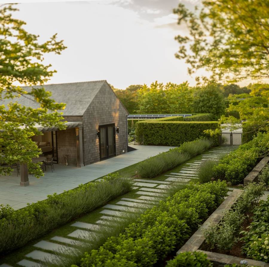 A shingled house and pergola beside a stone terrace, with a path of stone slabs set in grass running between clipped hedges and lavender.