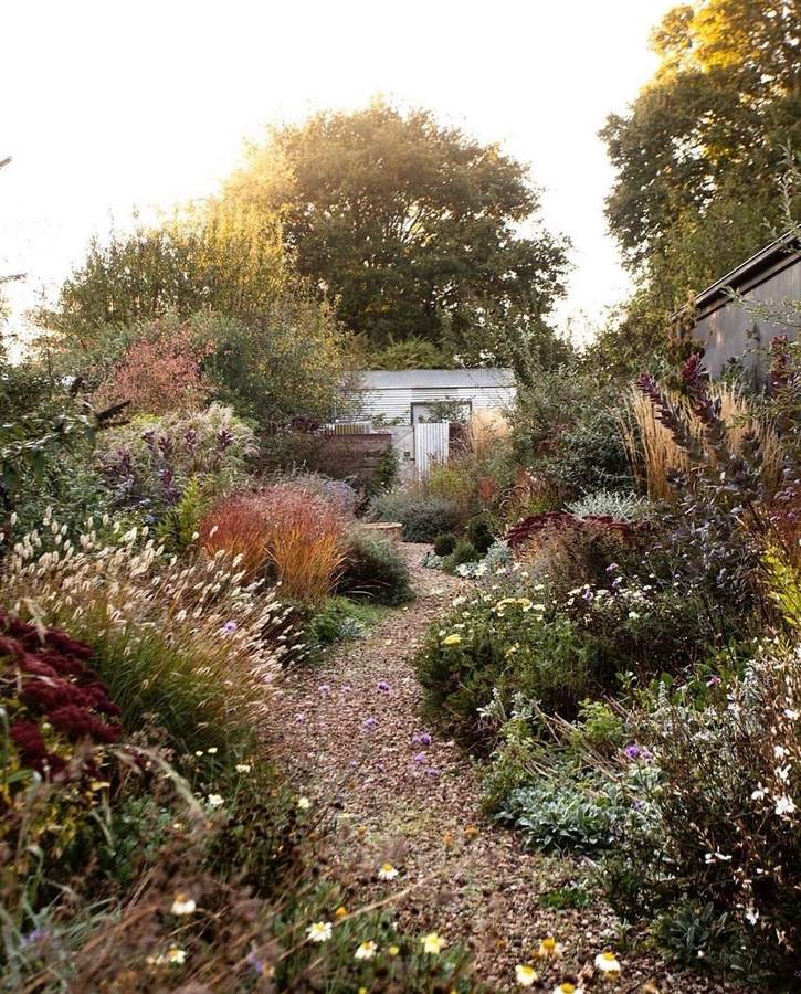 A gravel path winding between deep beds of grasses, sedums and daisies towards a white corrugated iron shed, with trees behind.