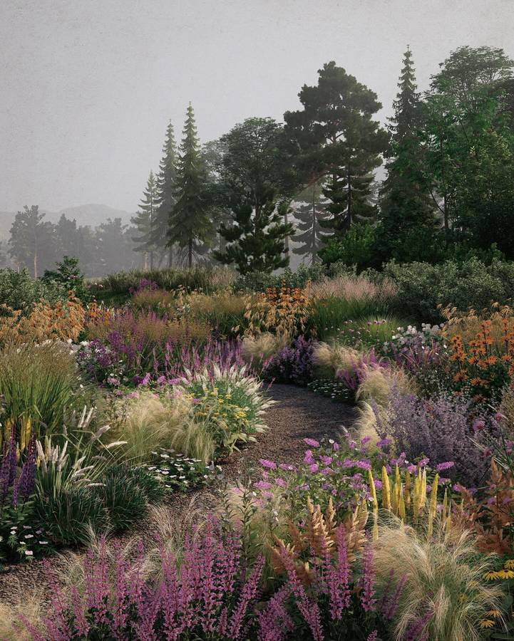 A rendered view of a gravel path curving through beds of perennials and grasses towards conifers and hills.