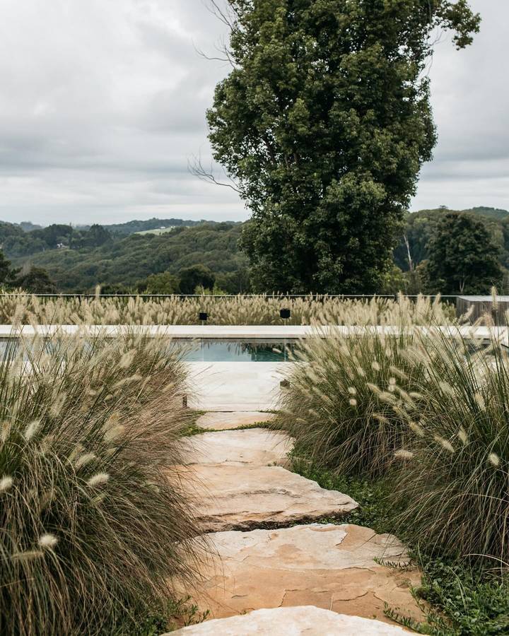 Irregular stone slab steppers running between mass planted fountain grasses towards a glass fenced swimming pool, with wooded hills beyond.