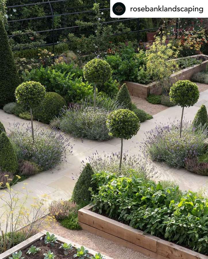 An overhead view of a kitchen garden with timber raised beds of vegetables and herbs, pale stone paths, clipped bay standards and box cones and drifts of lavender, against a black metal fruit trellis.