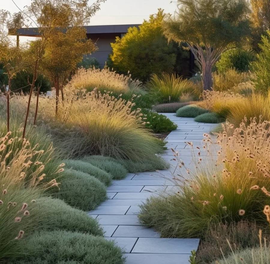 An AI generated image of a path of large grey stone pavers curving between drifts of grasses and clipped silver mounds, with a low dark building and trees behind.