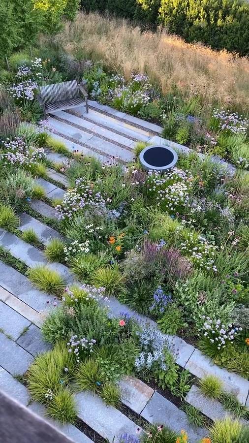 A flight of broad stone step terraces planted between the treads with grasses and flowering perennials, with a timber bench and a round dark water bowl, and meadow grass behind.