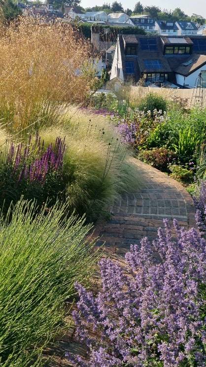 A curving brick path climbing through a garden of tall grasses, lavender, catmint and purple salvia, with the tiled roofs of houses on a hillside beyond.