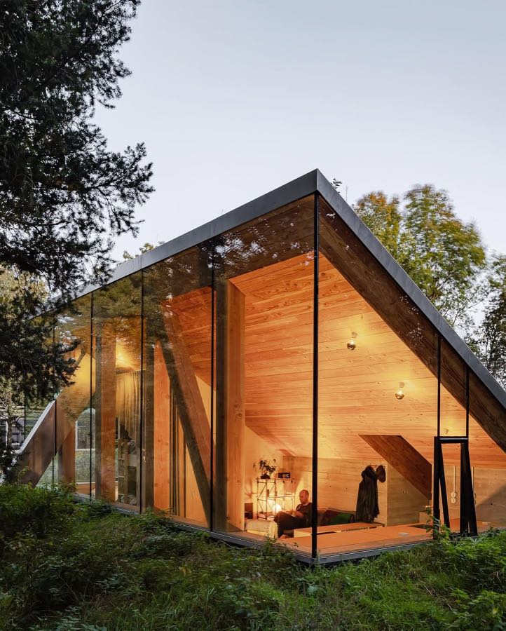 A timber cabin with a sharply sloping roof and full height glass, set into a wooded slope at dusk.