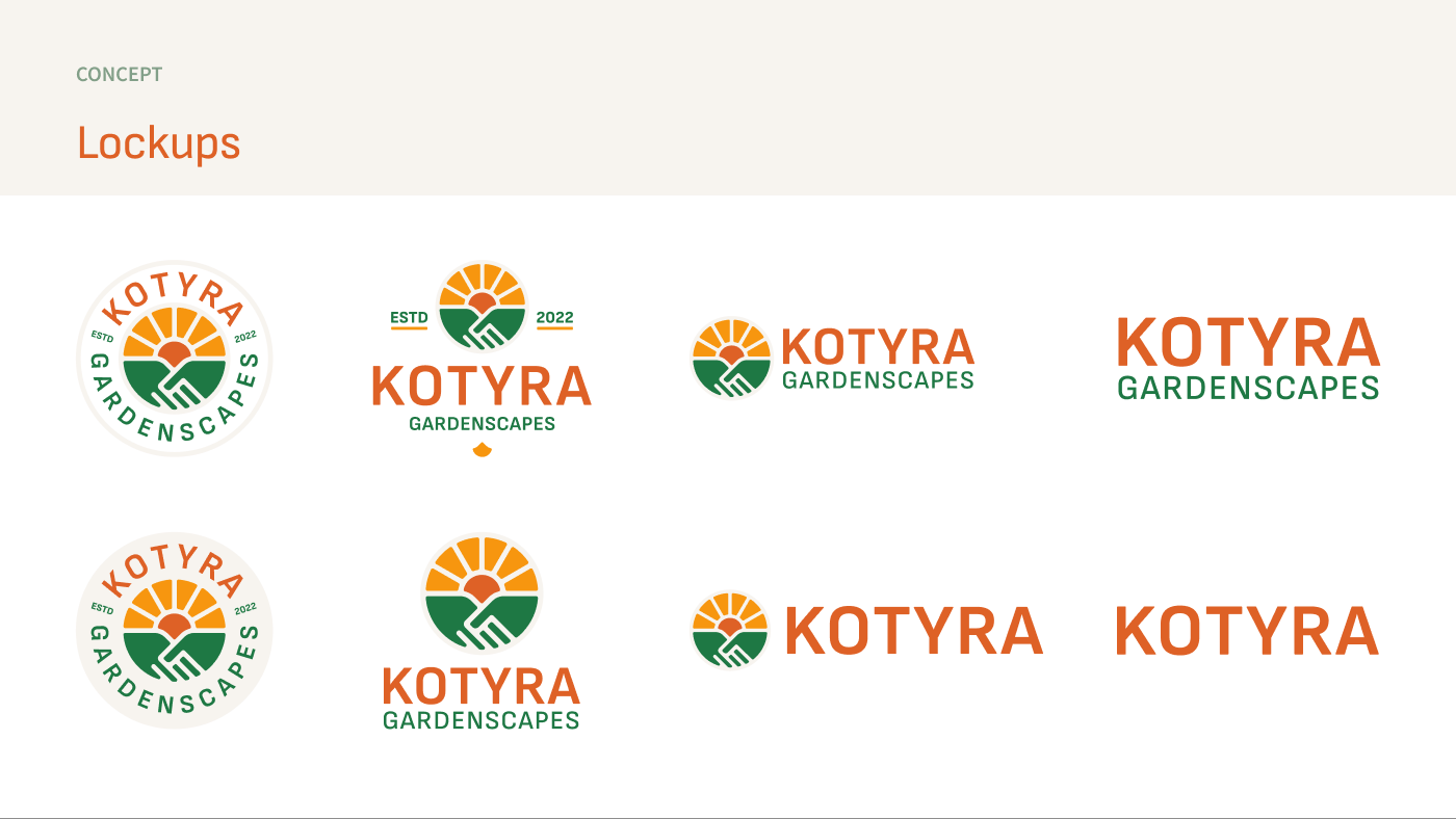 A deck slide titled Lockups: eight arrangements of the Kotyra Gardenscapes mark, a round badge with the year 2022, the stacked mark, the mark beside the wordmark, and the wordmark alone, in orange and green.