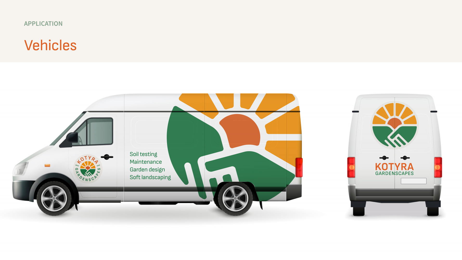 A deck slide titled Vehicles: a white van from the side with the sunrise and handshake mark across it, the badge on the door and four services listed, and the van's back doors with the mark and the wordmark.
