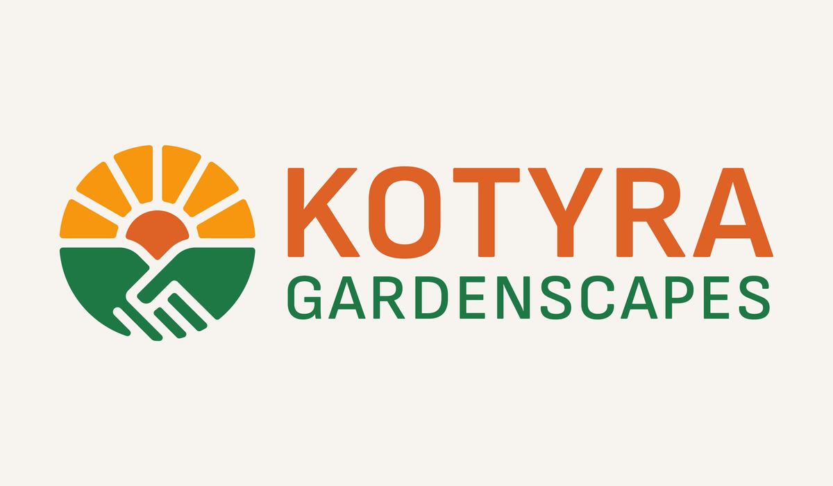 The new lockup: the sunrise and handshake mark in gold, rust and green beside KOTYRA GARDENSCAPES.