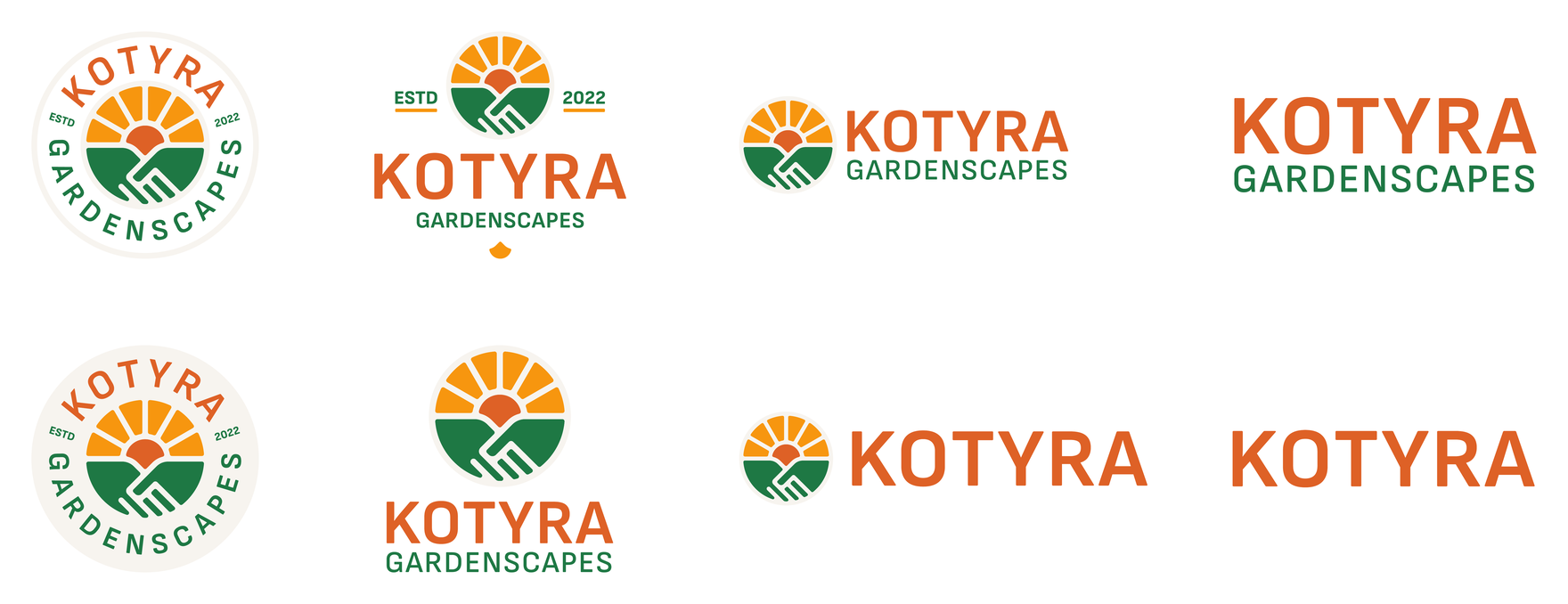 The eight lockups: the badge, the stacked mark, the mark beside the wordmark and the wordmark alone, in colour.
