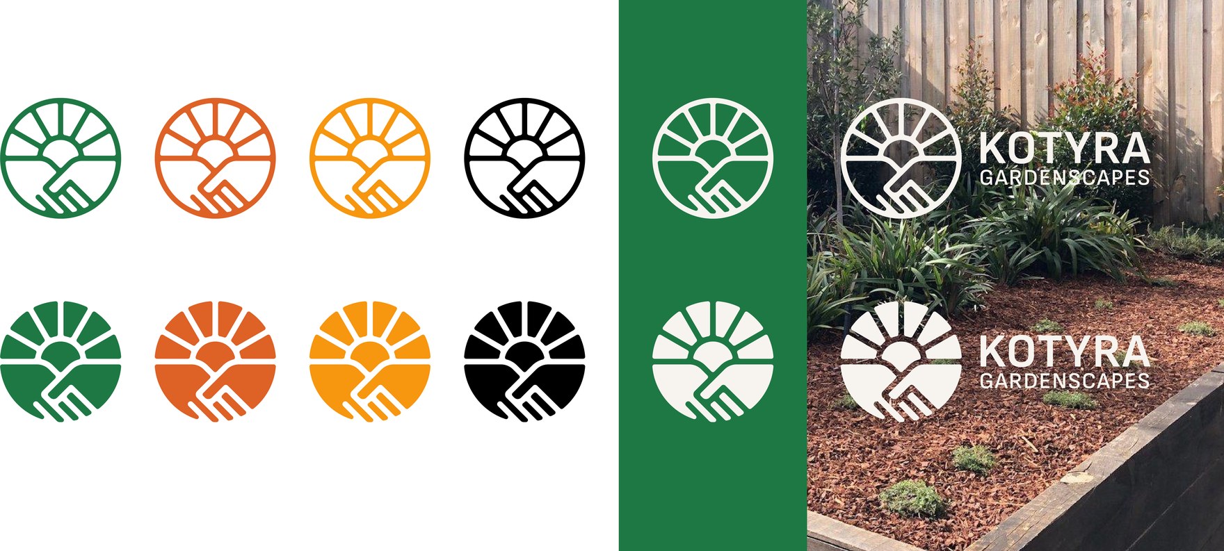 The one-colour marks in green, orange, gold and black, outline and solid, then the cream mark on green and over a garden bed.