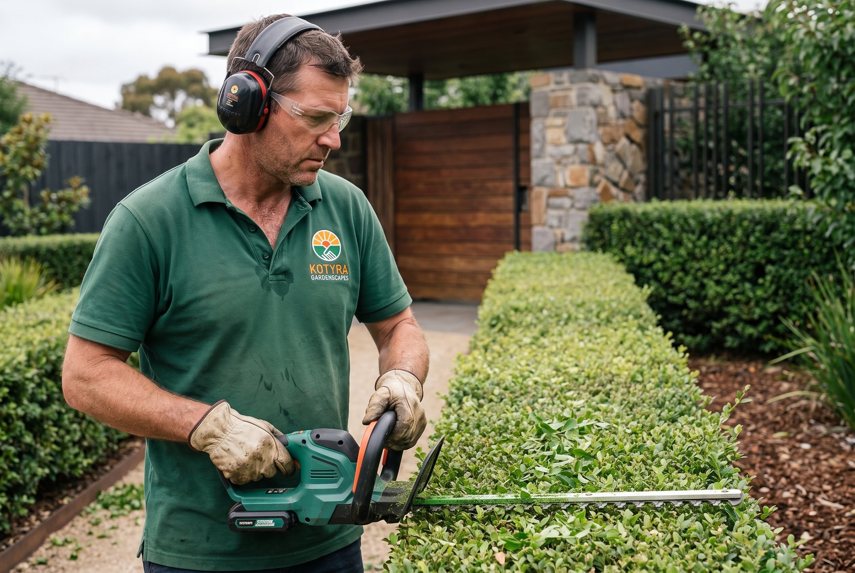 A crew member trimming a hedge in a green polo with the Kotyra lockup embroidered on the chest.