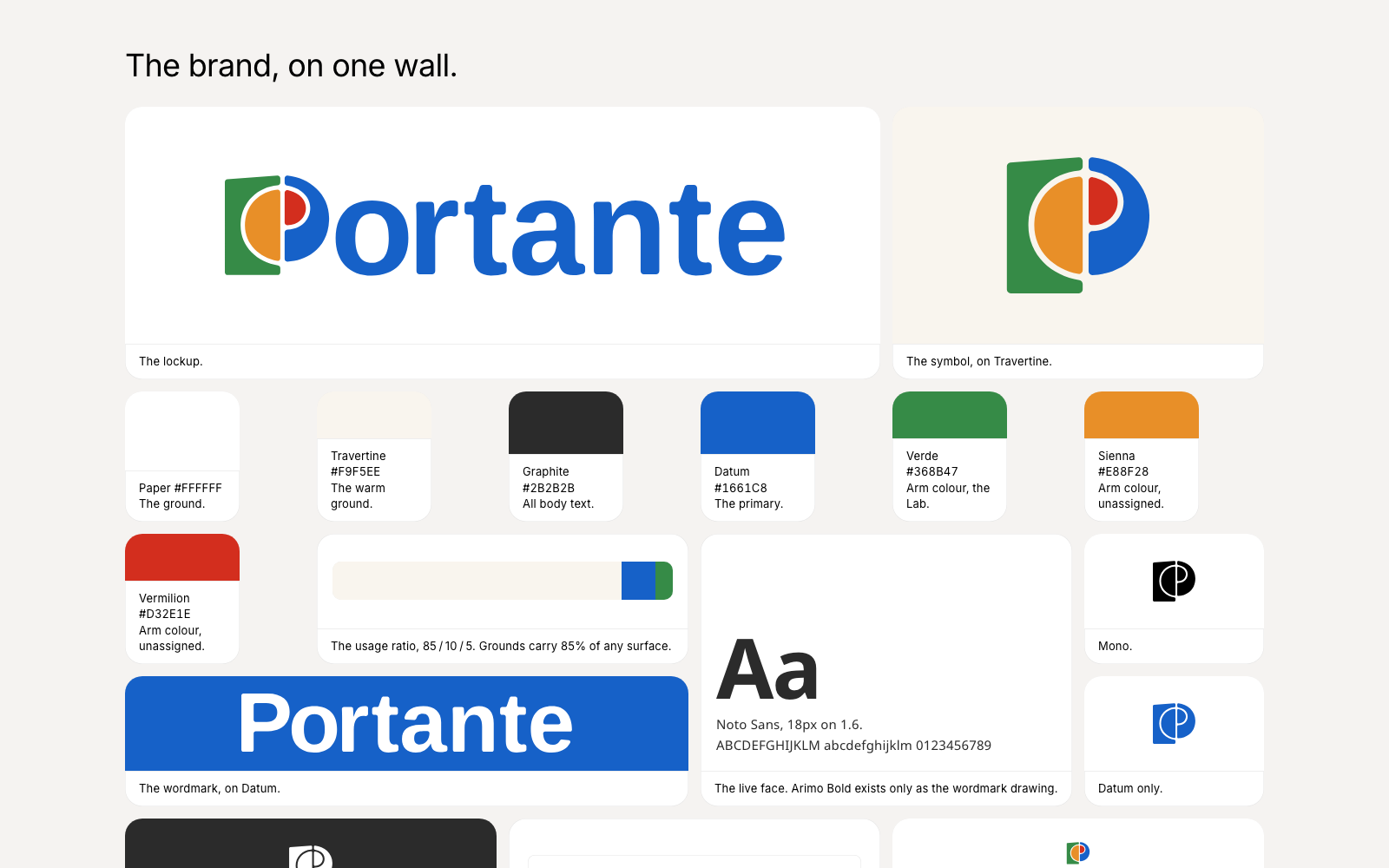 The Portante brand on one wall: the lockup, the symbol, the colours with their values, the usage ratio, the wordmark and the type.